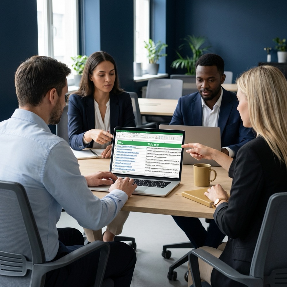 Marketing team reviewing onpage audit checklist on a laptop showing spreadsheet columns for URL and title tags in a minimalist navy and gold office