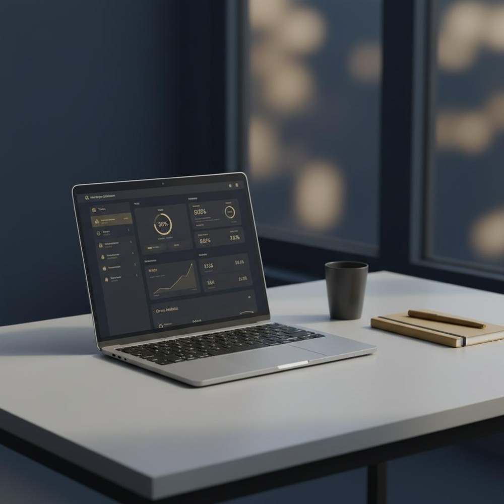 Minimalist modern workspace with a laptop displaying an SE Ranking dashboard, deep #0B1E33 background and subtle #C8A45D accents, natural light and shallow depth of field.