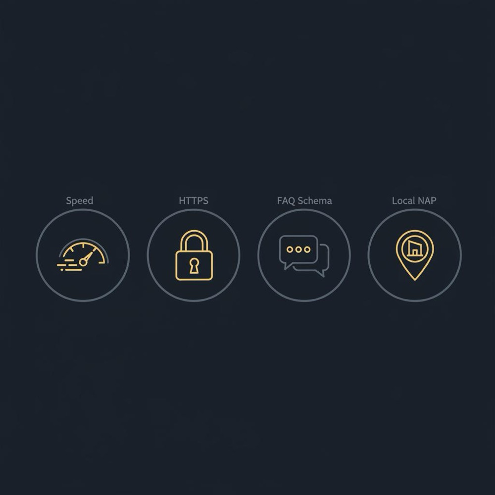 Minimal vector infographic of four checklist icons (speed, HTTPS padlock, FAQ speech bubbles, local NAP pin) on dark blue background with gold accents for voice search.
