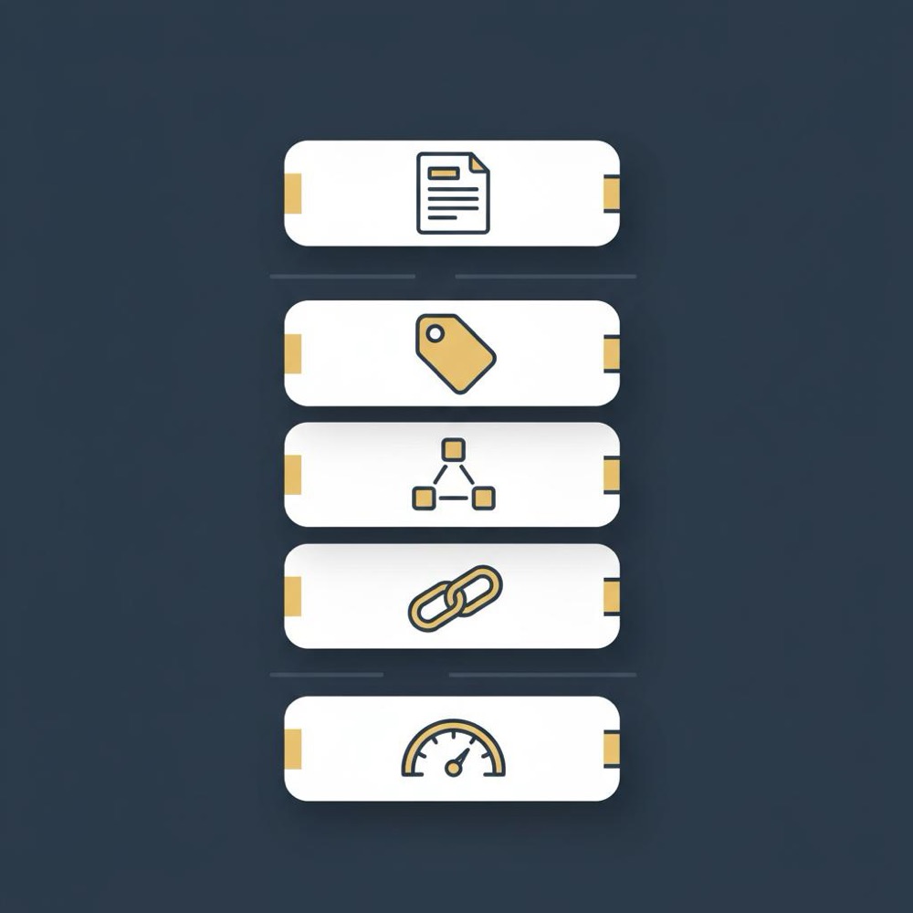 Minimal 2D vector infographic of five stacked cards with icons for content, metadata, schema, links, and performance representing on-page SEO services in Orvus Ltd. brand colors.