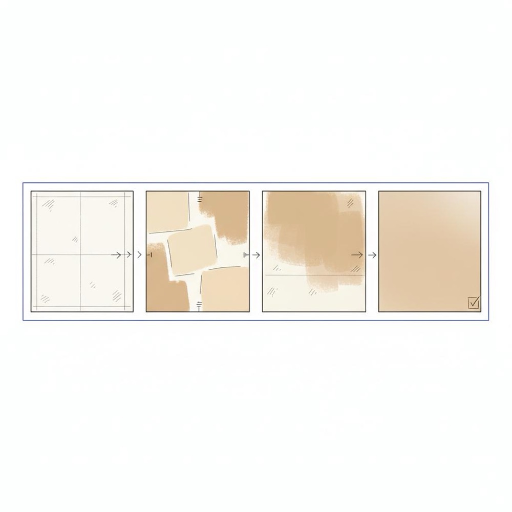 Minimalist vector storyboard of four square frames showing a wall painted from blank to finished, clean white background - Facebook ads for painters