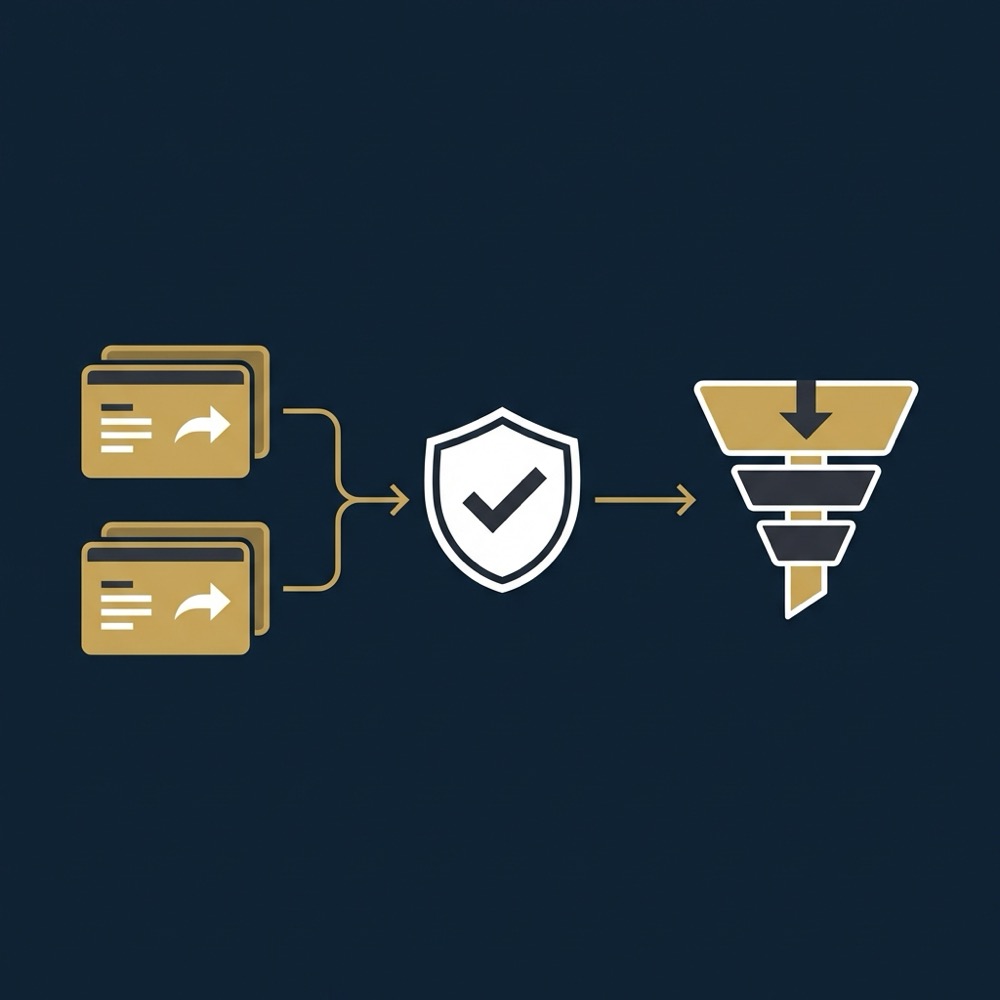 Minimal 2D vector infographic showing two index exports merging into validation then prioritisation for backlink analysis on dark navy background