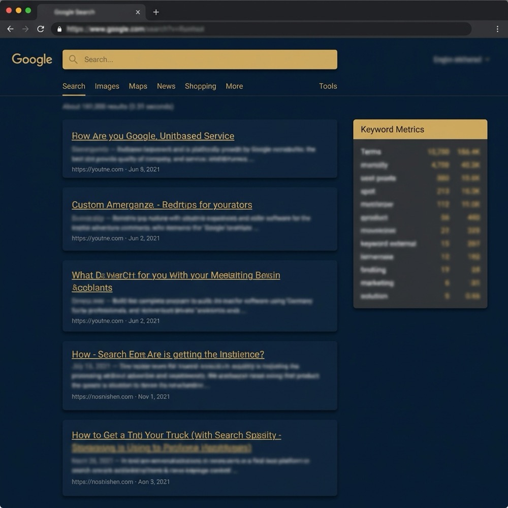 keywordsurfer compact keyword panel blurred on realistic Google search results page full frame in Orvus Ltd navy and gold colors