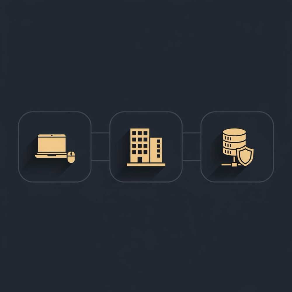 Minimal 2D vector infographic with three pricing tier icons (laptop, office buildings, secure server) on dark blue background illustrating how much does SEO cost