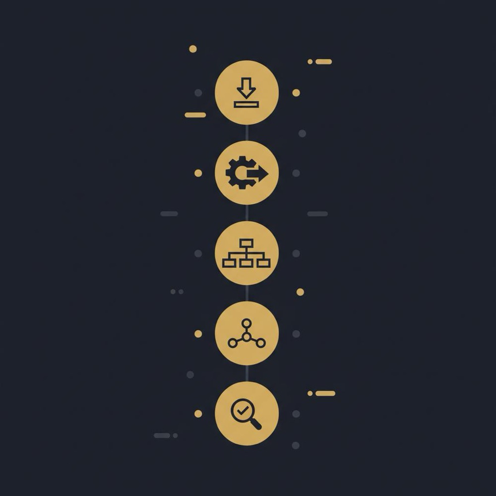 Minimal vector checklist infographic showing install, wizard, sitemap, schema, and test icons in Orvus Ltd brand colors for yoast seo plugin