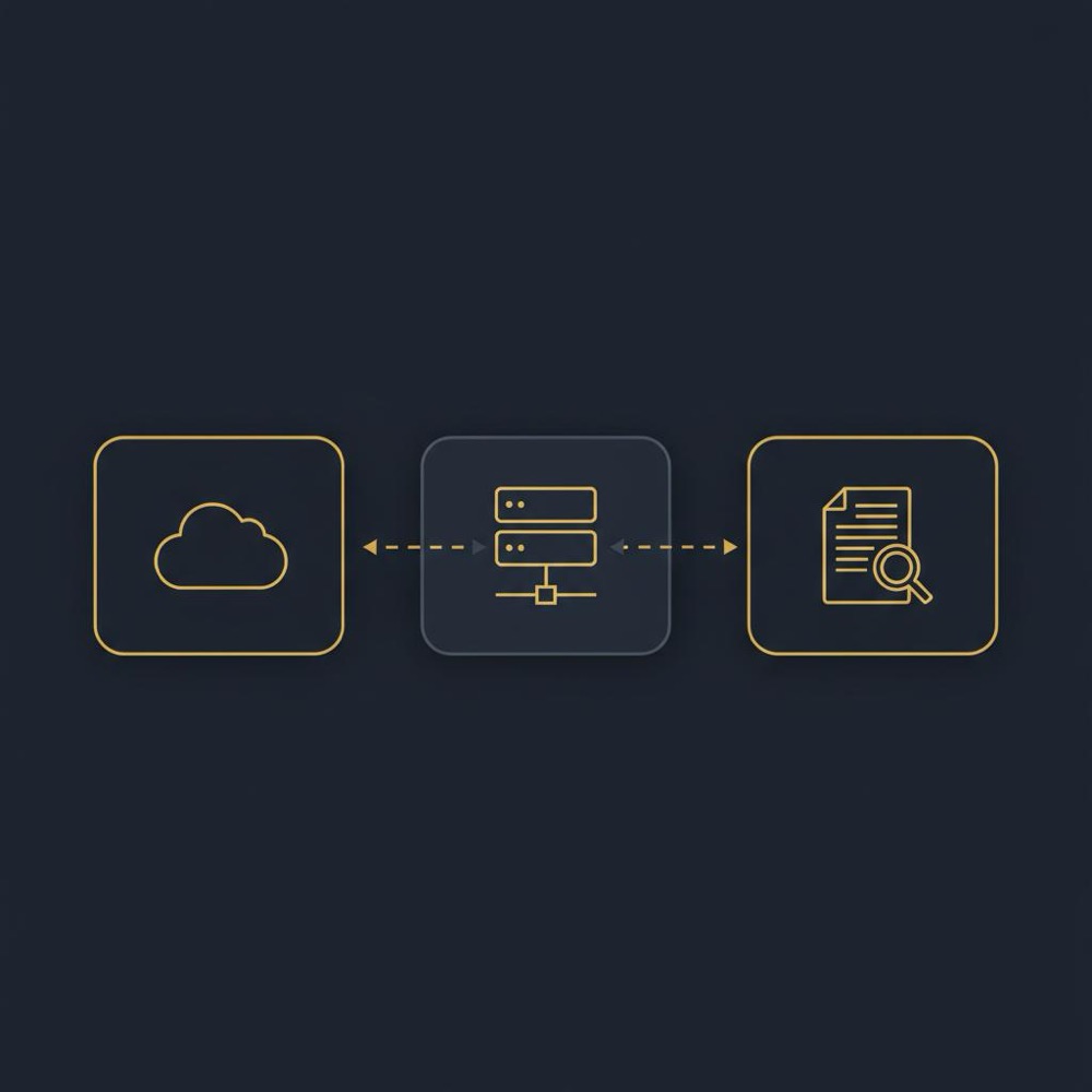 Minimal 2D vector infographic of three layered cards showing cloud, on-premise server and document retriever icons in Orvus Ltd brand colors, which AI is better than ChatGPT