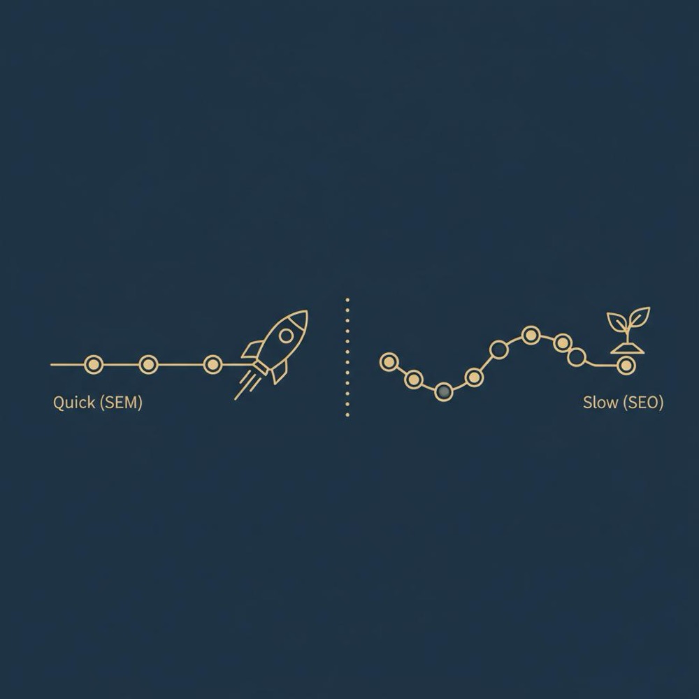 Minimal 2D vector infographic comparing fast paid SEM vs slow unpaid SEO timelines using icons (rocket vs seedling) on dark blue brand background - is seo paid or unpaid