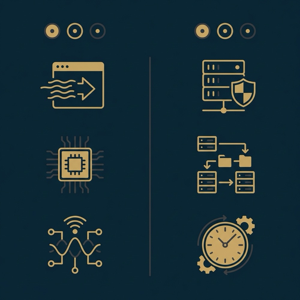 Minimal 2D vector infographic comparing client side and server side testing tradeoffs with browser device server shield and clock icons on dark blue background google search optimization