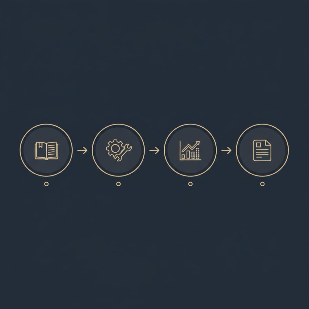 Minimal 2D vector seo education infographic showing four icon steps (book, gear, bar chart, document) connected by arrows on a dark blue background with gold and slate accents.