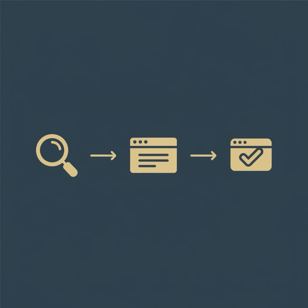 Minimal 2D vector infographic showing a query → page → result flow in Orvus Ltd brand colors (#0B1E33 background, #C8A45D accents), for article what is seo