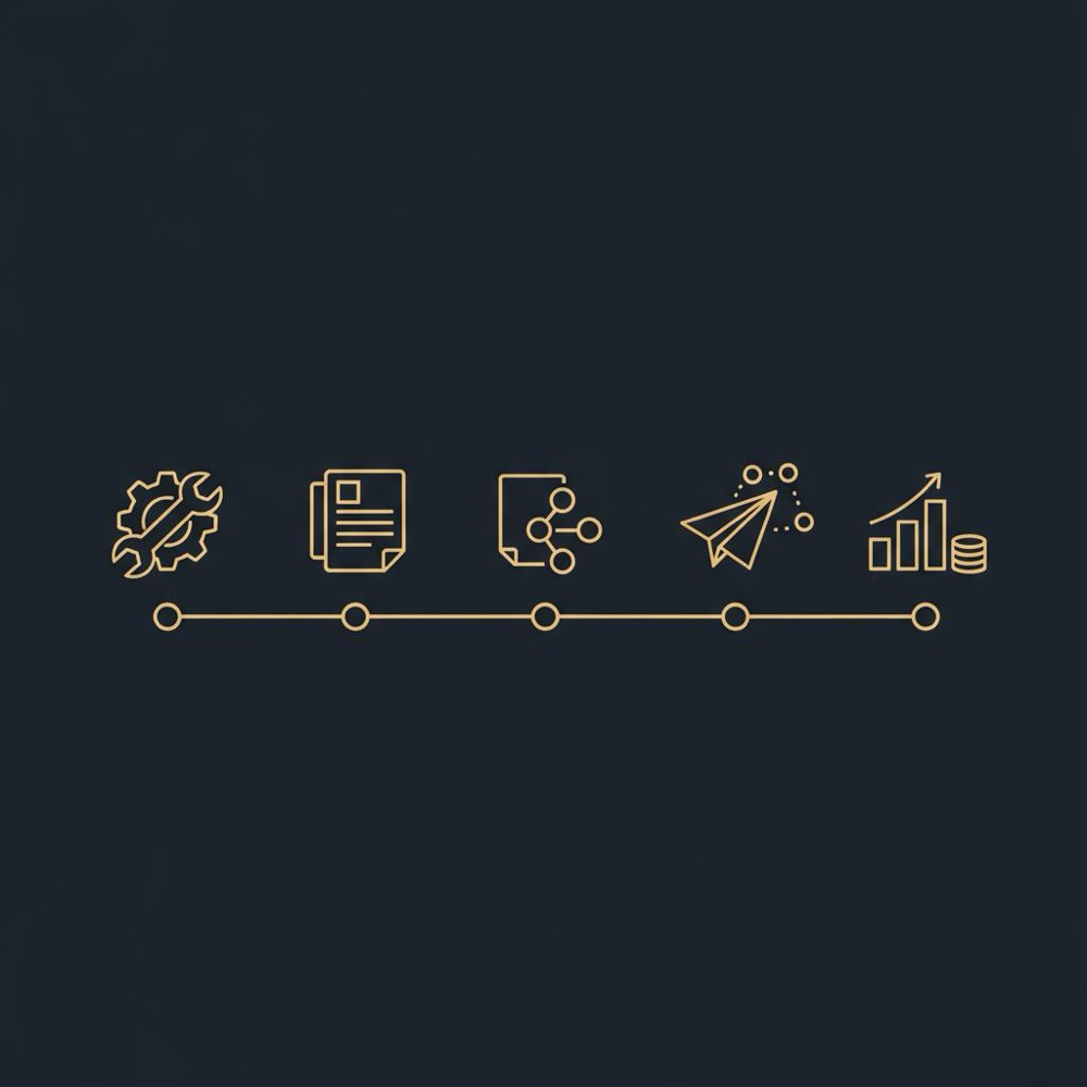 Minimal vector timeline infographic with 12 monthly nodes and milestone icons (technical fix, content, outreach, revenue) on deep blue background, illustrating monthly SEO cost.