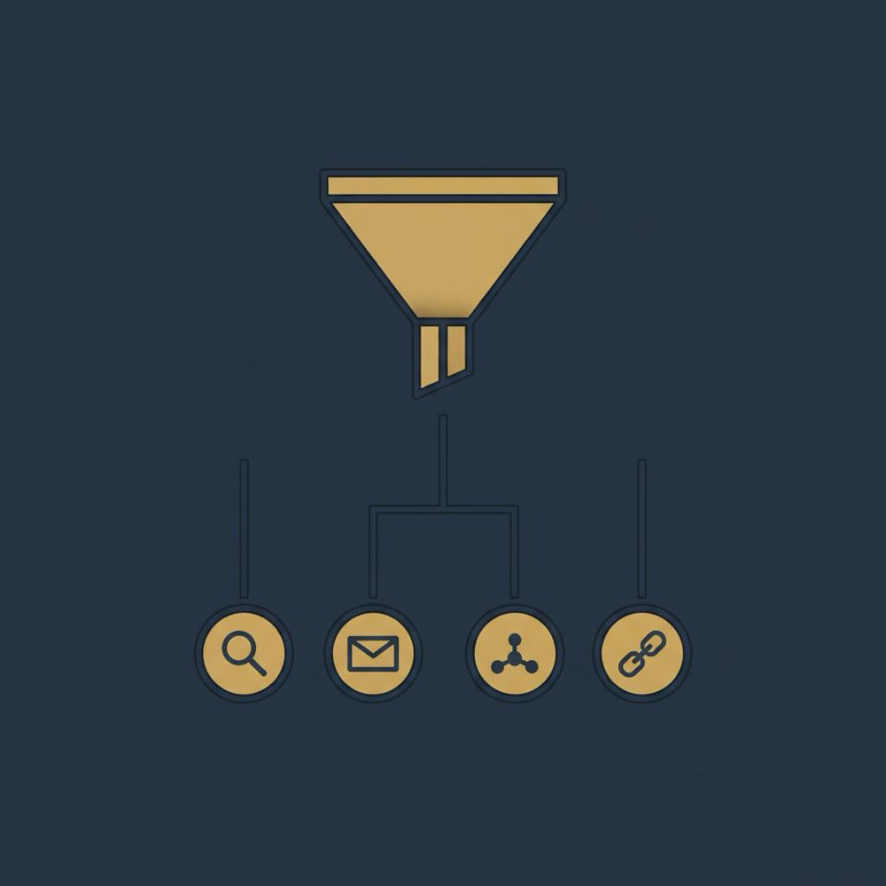 Minimal 2D vector infographic of a content funnel branching to distribution channels (search, email, social, partnerships) in Orvus Ltd brand colors, three types of blogging.