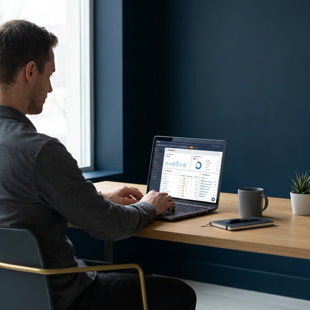 Small business owner reviewing a website audit on a laptop showing local seo analytics in a minimalist dark blue workspace with subtle C8A45D accents
