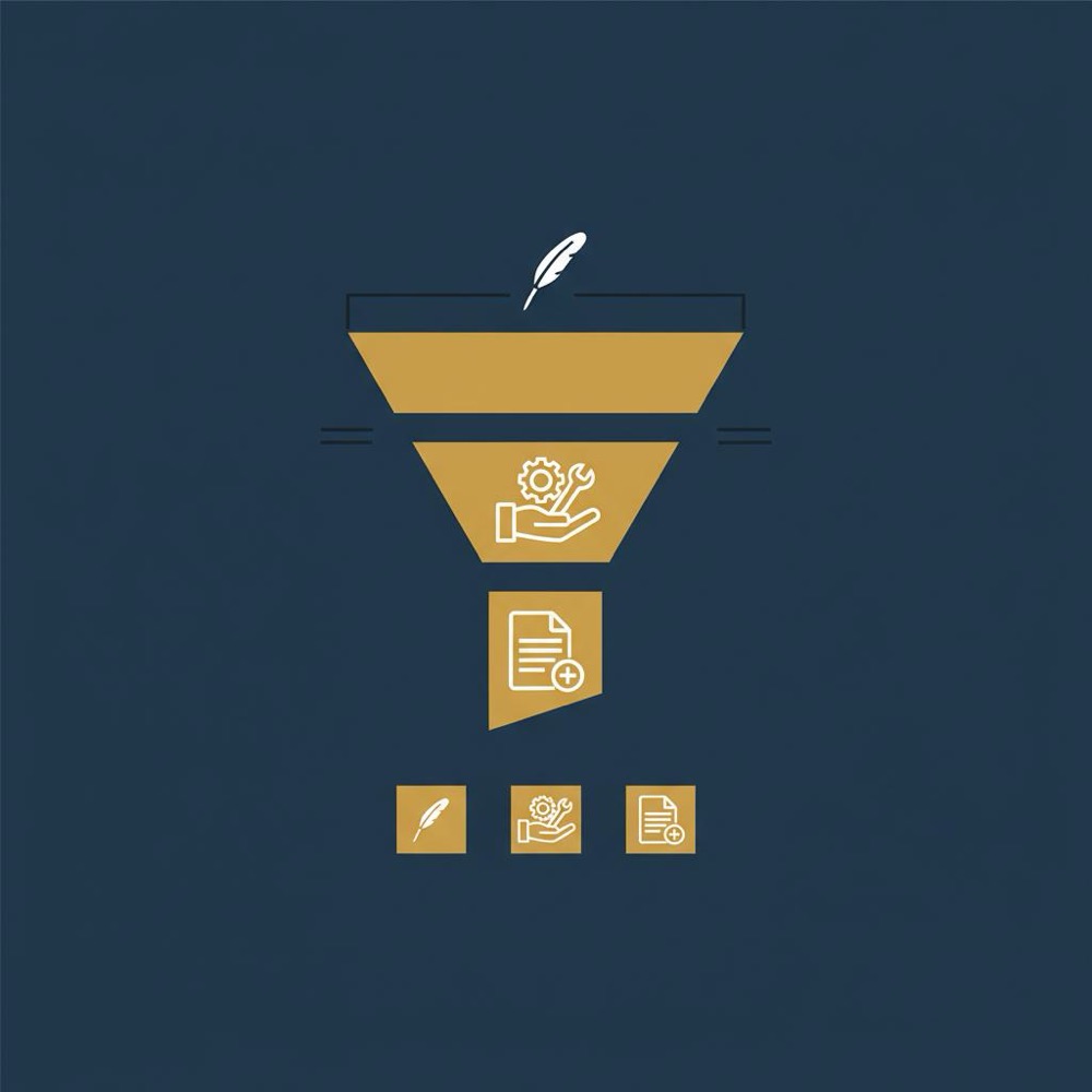 Minimal 2D vector funnel infographic showing three types of backlinks represented by editorial, manual, and self-created icons on a #0B1E33 background.