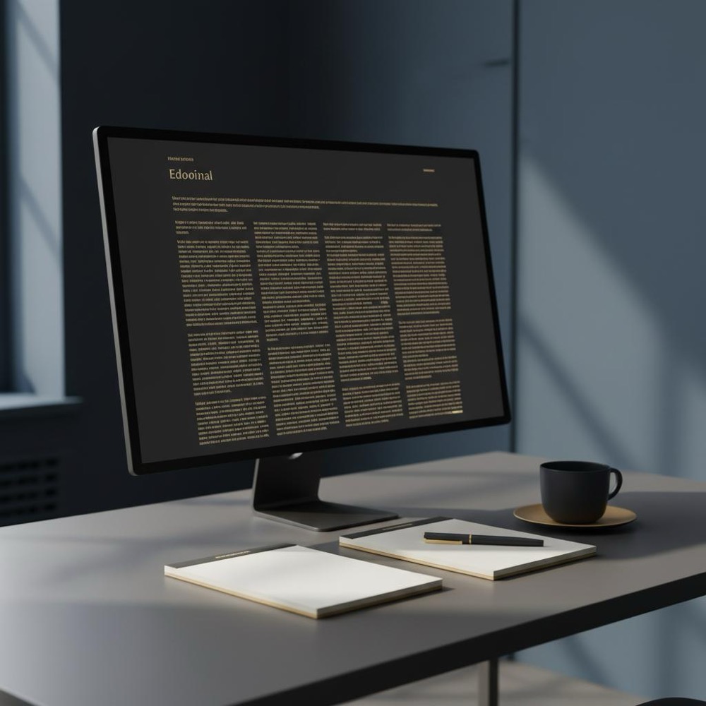 Editorial advertorial desktop scene with long-form article on screen, notepad and coffee cup on deep blue background with gold accents, minimalist layout, no people