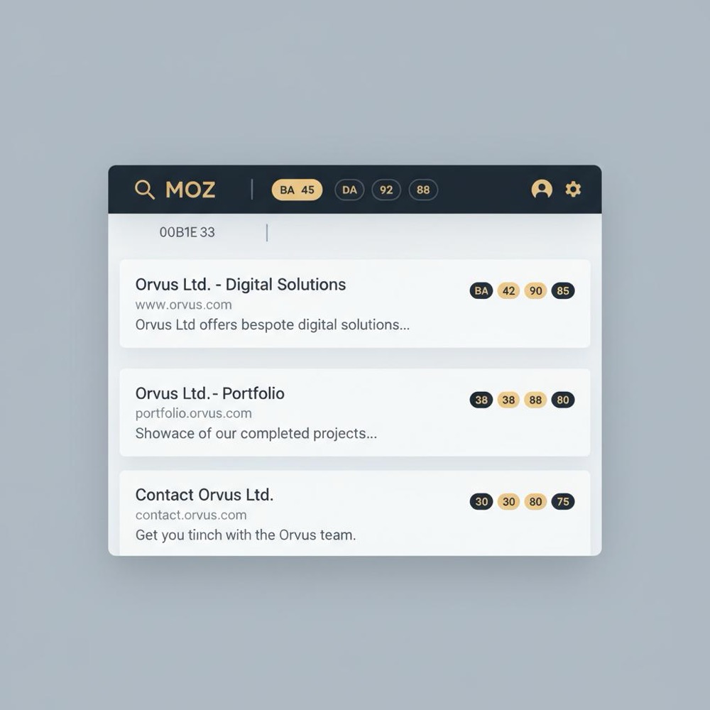 Minimalistic search results page UI with MozBar showing BA, DA, PA metric badges on dark brand background - what is BA in Moz visualized