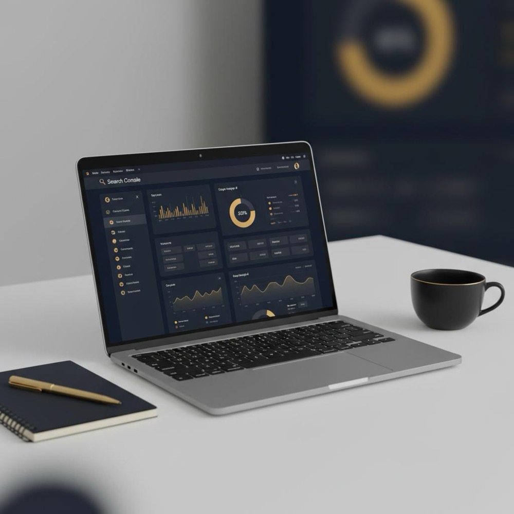Minimalist Orvus workspace with laptop showing Search Console and GA4 dashboards, brand colors #0B1E33 and #C8A45D; visual for the 80/20 rule in SEO.