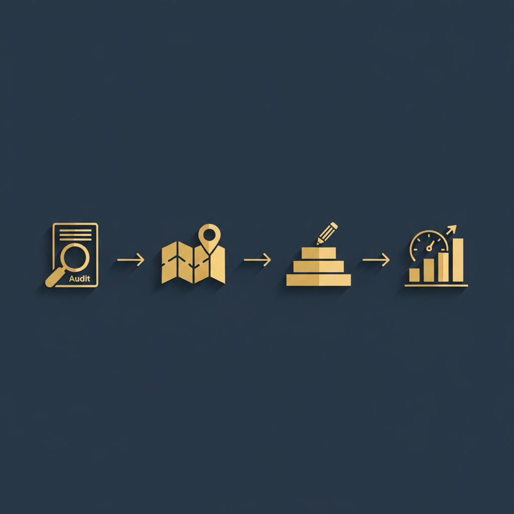 Minimal 2D vector infographic showing a left-to-right process flow of audit, roadmap, content, and measurement icons on a #0B1E33 background for professional SEO services