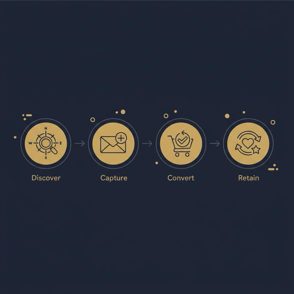 Minimal vector infographic showing four channel roles-discover, capture, convert, retain-in Orvus Ltd brand colors illustrating types of digital marketing