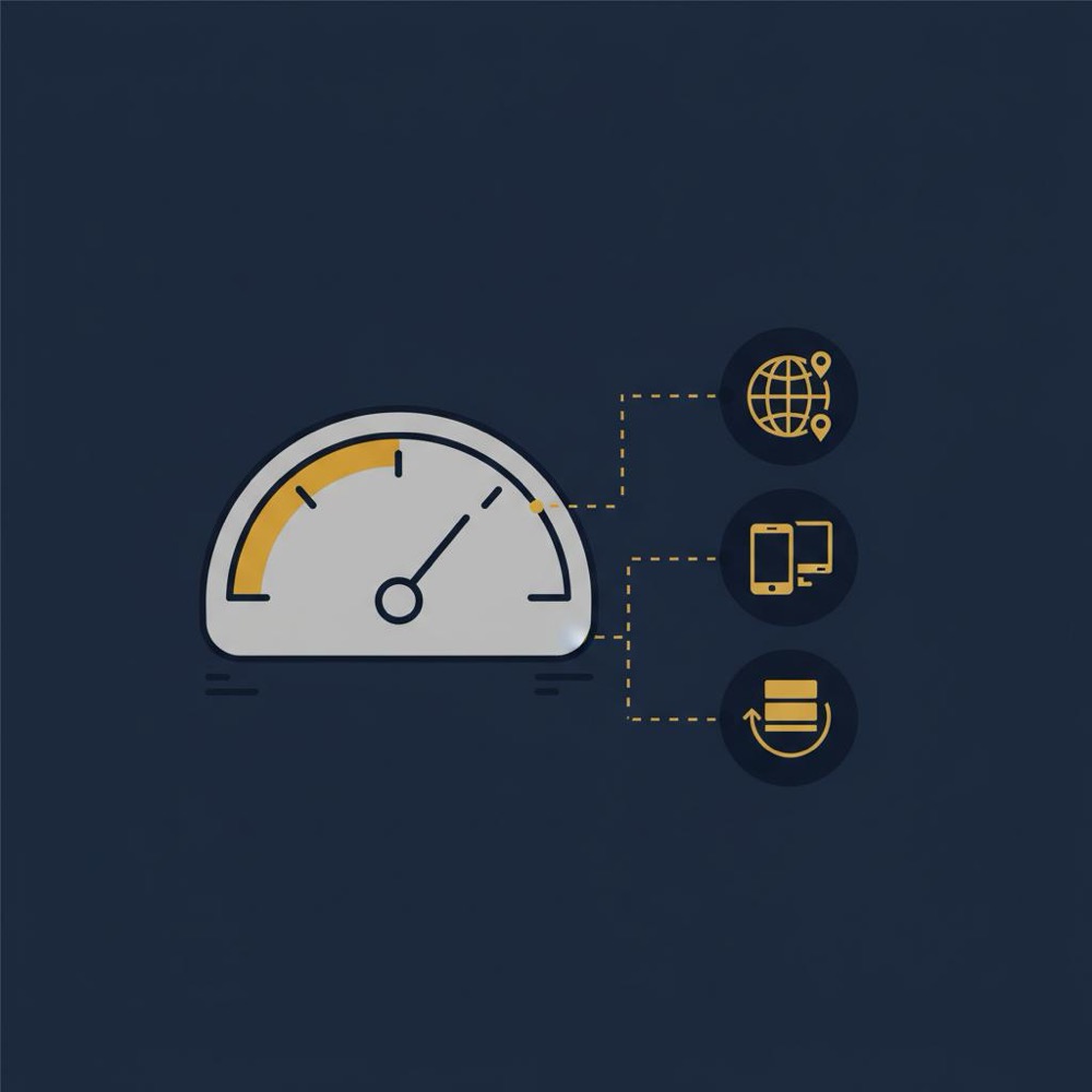 Is DataForSEO free - sleek 2D vector infographic showing a credit meter gauge with vector icons for countries, devices, and caching in Orvus palette (#0B1E33, #C8A45D, #2E3237).