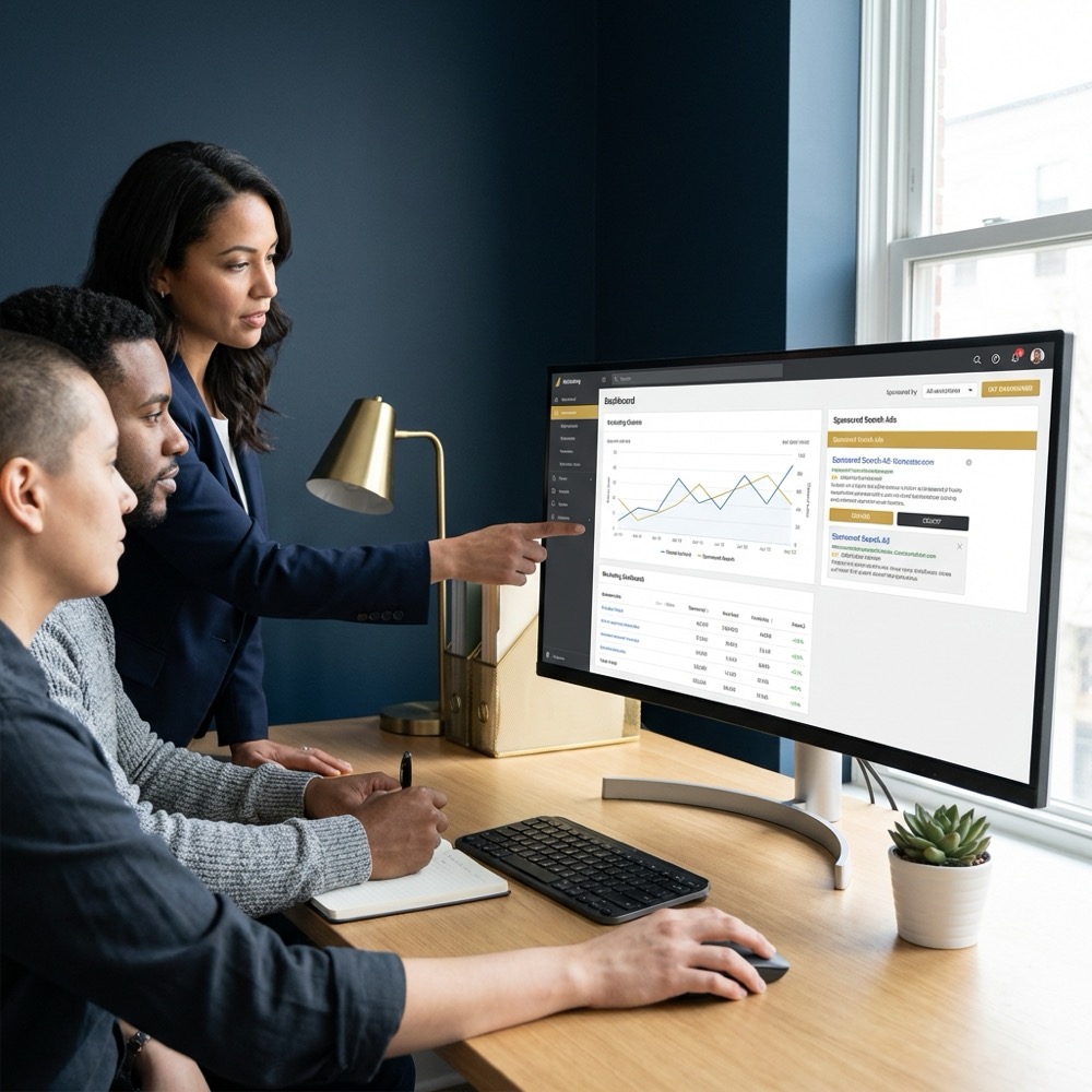 Marketing team reviewing dashboards and search ad previews on a monitor in a minimalist Orvus Ltd office style focused on search engine marketing metrics