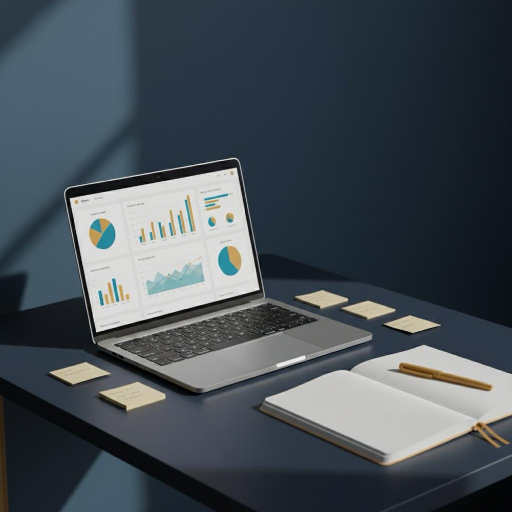 create a backlink for my website - realistic minimalist workspace with laptop showing analytics dashboard, sticky notes and notebook on navy background with warm-gold accents.