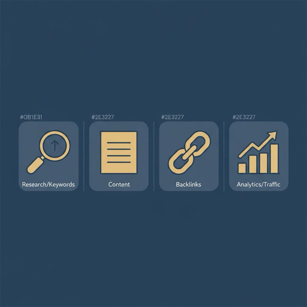 Minimal 2D vector infographic in Orvus Ltd colors with four flat icons (magnifying glass, document, link chain, bar chart) representing steps for self-taught SEO.