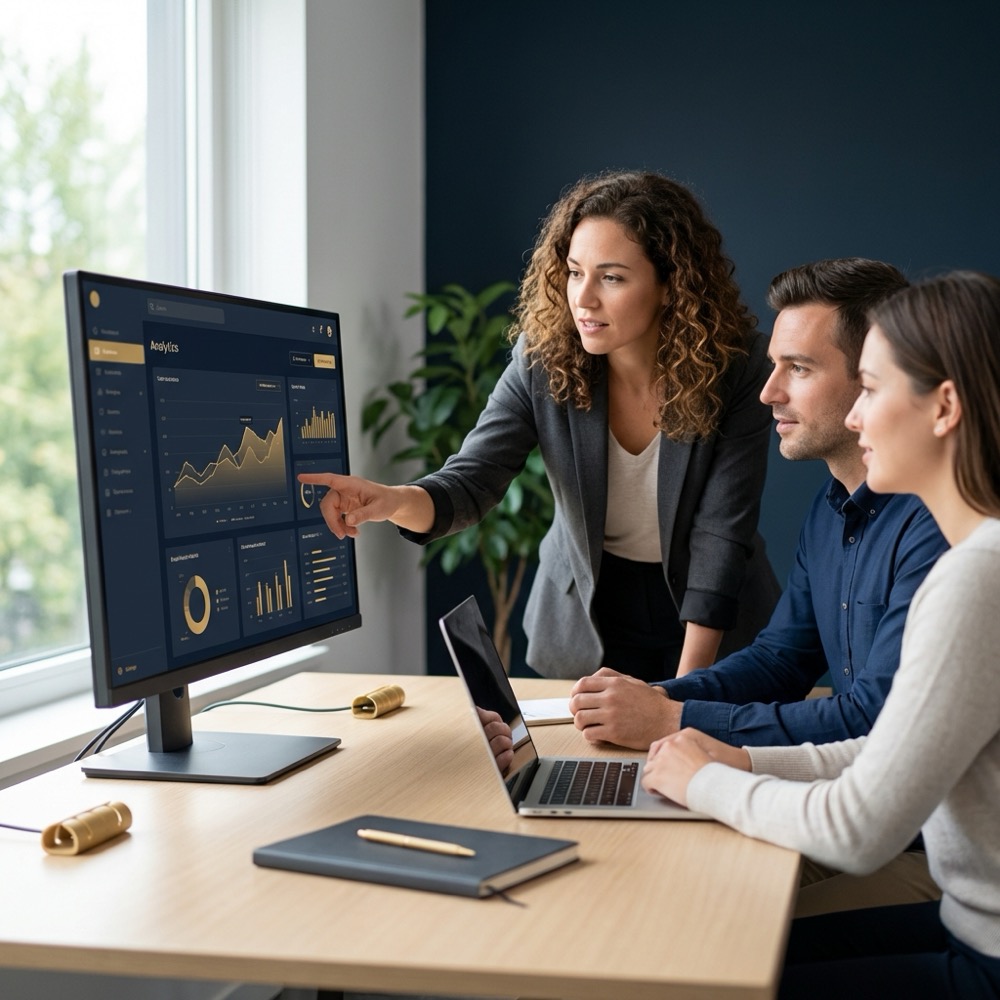 Small marketing team reviewing analytics dashboards on a large monitor in a minimalist Orvus Ltd styled office with deep navy and warm gold accents website seo services