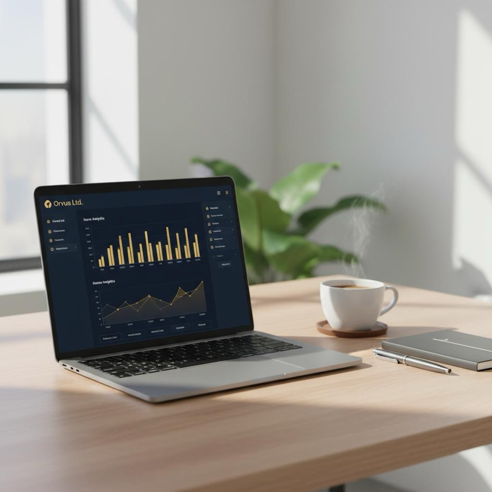 Minimalist workspace with laptop showing analytics charts and coffee cup in Orvus Ltd. brand colors, concept for monthly SEO pricing