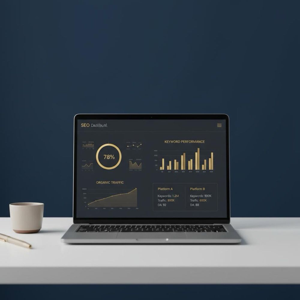 Photorealistic laptop displaying an SEO dashboard comparing metrics for Semrush vs Moz on a dark navy background with Orvus Ltd. gold accents, minimalist desk scene.