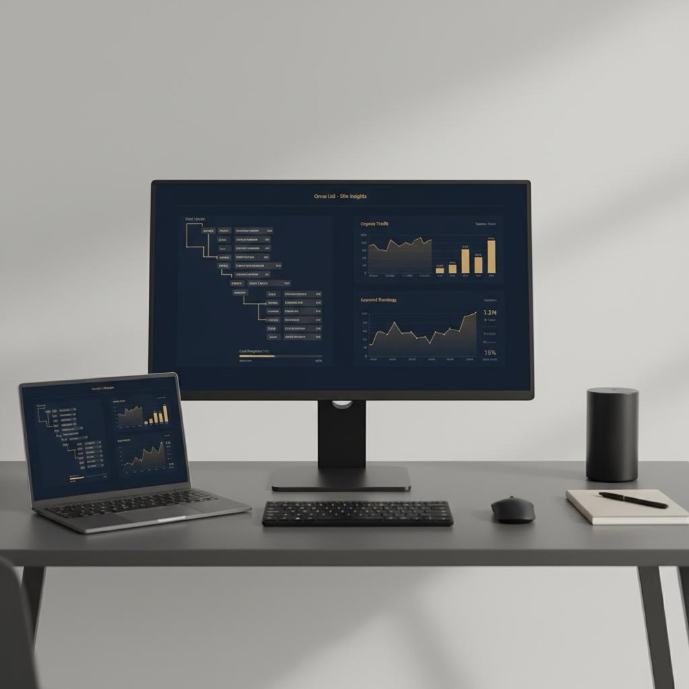 Minimalist desktop with site crawler report and analytics dashboard on screen styled in Orvus Ltd brand colors, how do I become an SEO specialist?
