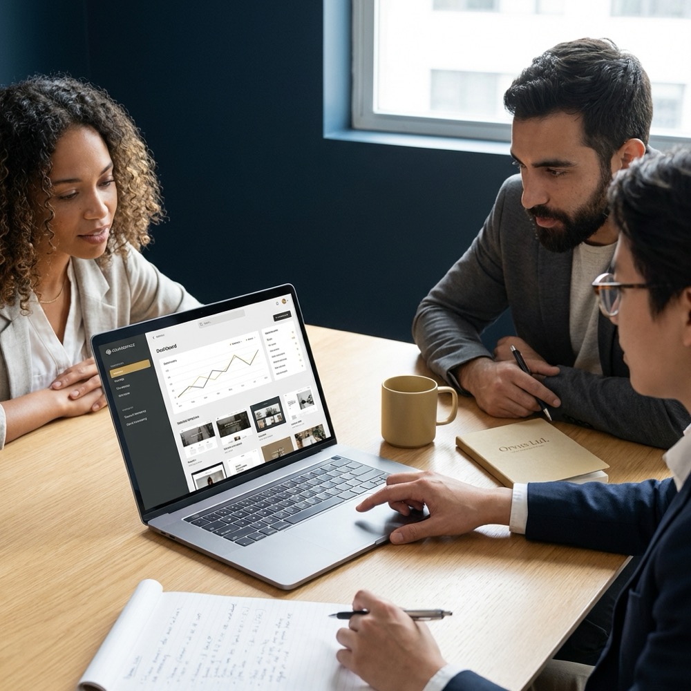 Small team reviewing squarespace seo analytics and page templates on a laptop in an Orvus Ltd minimalist navy workspace with C8A45D accents