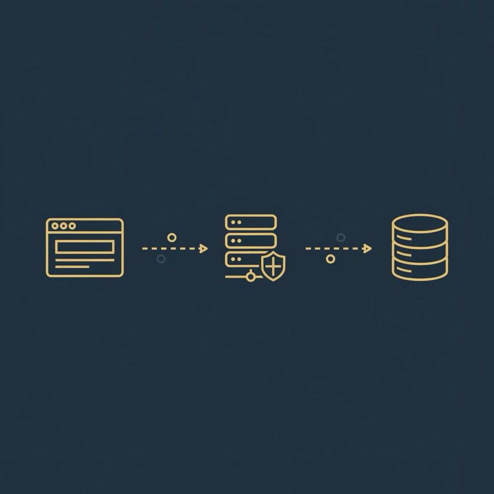 Minimal vector infographic showing browser to private server endpoint to analytics store flow for GA4 migration using Orvus brand colors #0B1E33 and #C8A45D.