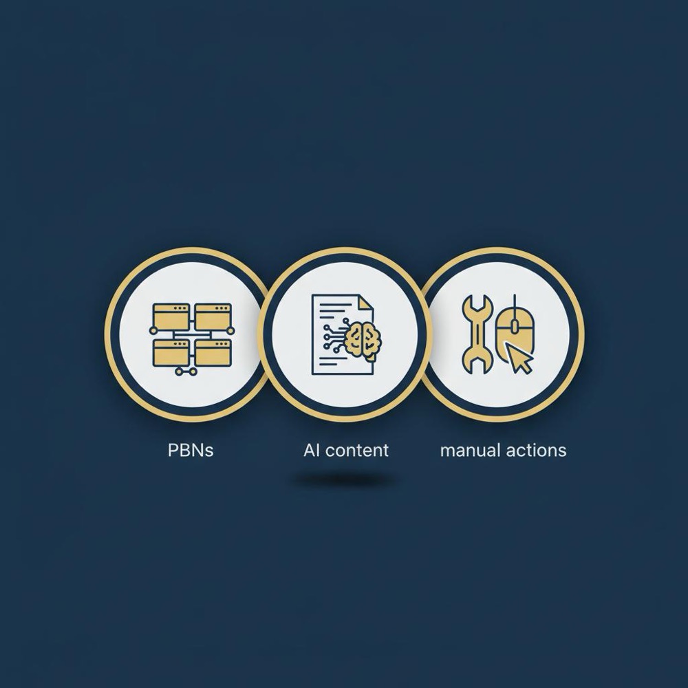 Minimal vector infographic of three layered icons for PBNs, AI content, and manual actions on a dark blue background - black hat SEO concept