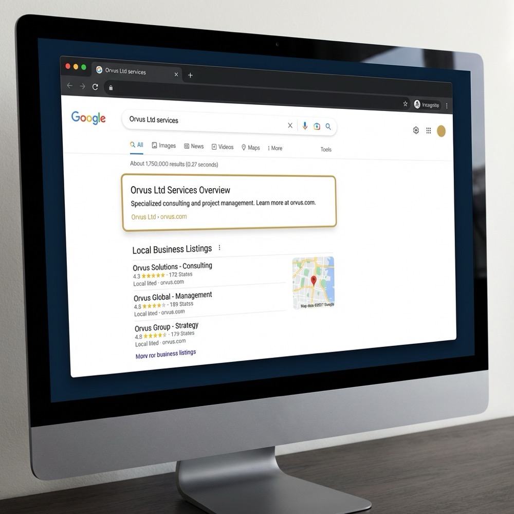 Desktop incognito Google search screenshot showing a highlighted featured snippet and a three result local pack styled in Orvus Ltd colors for serp ranking