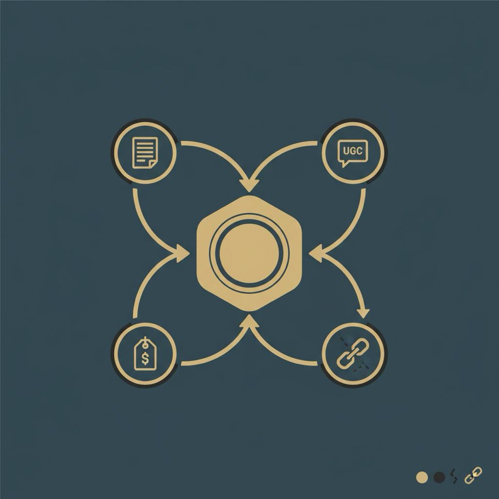 Minimal vector infographic showing backlink flows into a central hub from editorial, UGC, sponsored and nofollow sources, visualizing hyperlinking good for SEO
