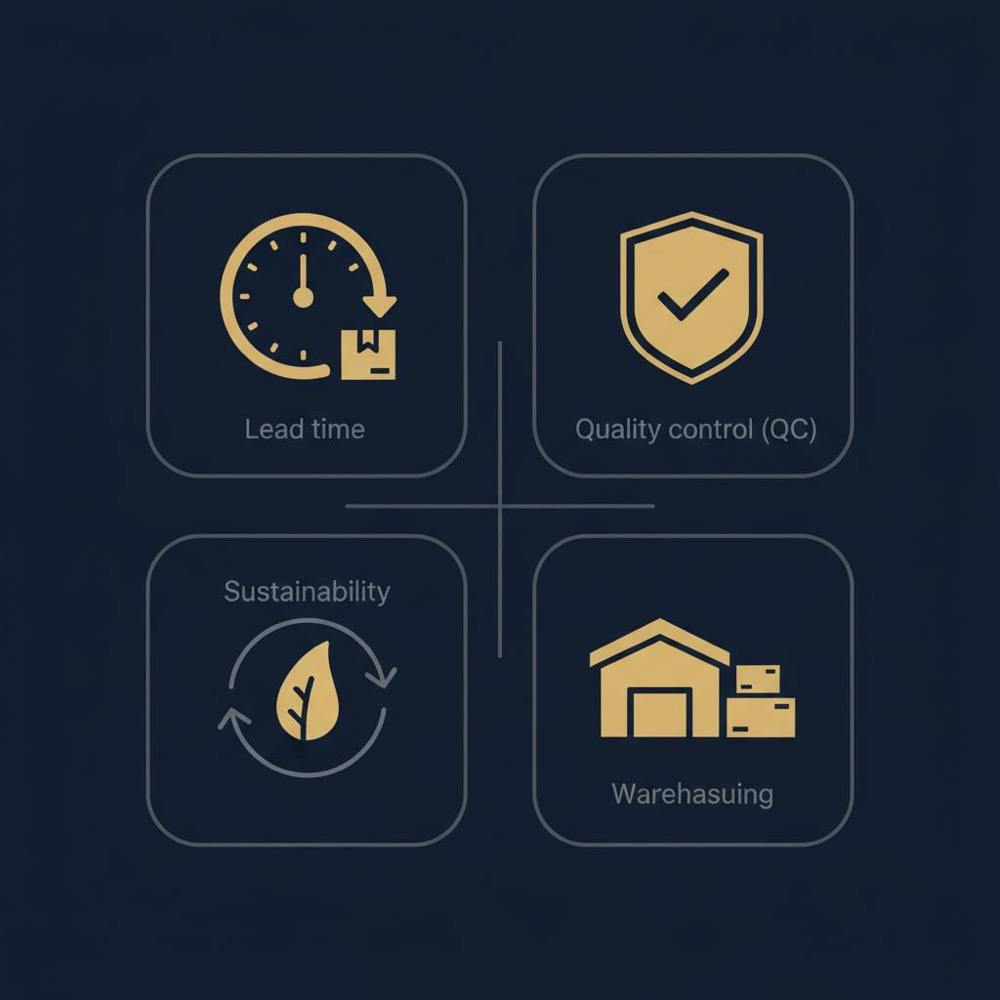 2D vector infographic with four icons for lead time, QC, sustainability, and warehousing on deep navy background. How much does Rank Math cost?