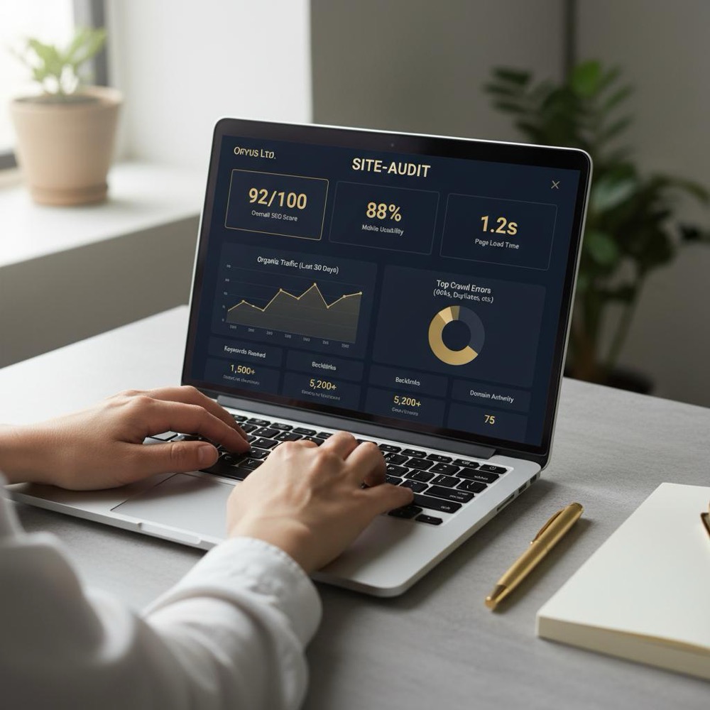 how to analyse a website for SEO: hands typing on laptop showing a site-audit dashboard with gold #C8A45D accents and deep navy #0B1E33 background, minimal clean workspace, no faces visible