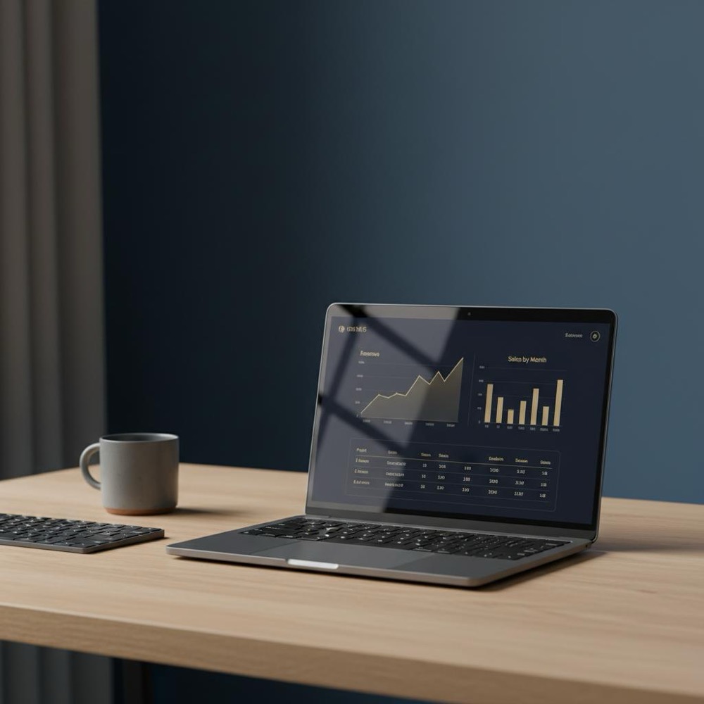 Minimalist laptop dashboard showing charts and tables for a free website ranking checker with navy background and Orvus Ltd. gold accents (#C8A45D).