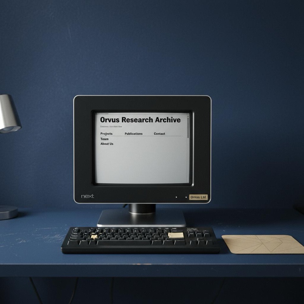 A realistic NeXT workstation photo showing the first website links on a black-and-white monitor, minimalist desk with Orvus Ltd. accents in #C8A45D and deep navy background.