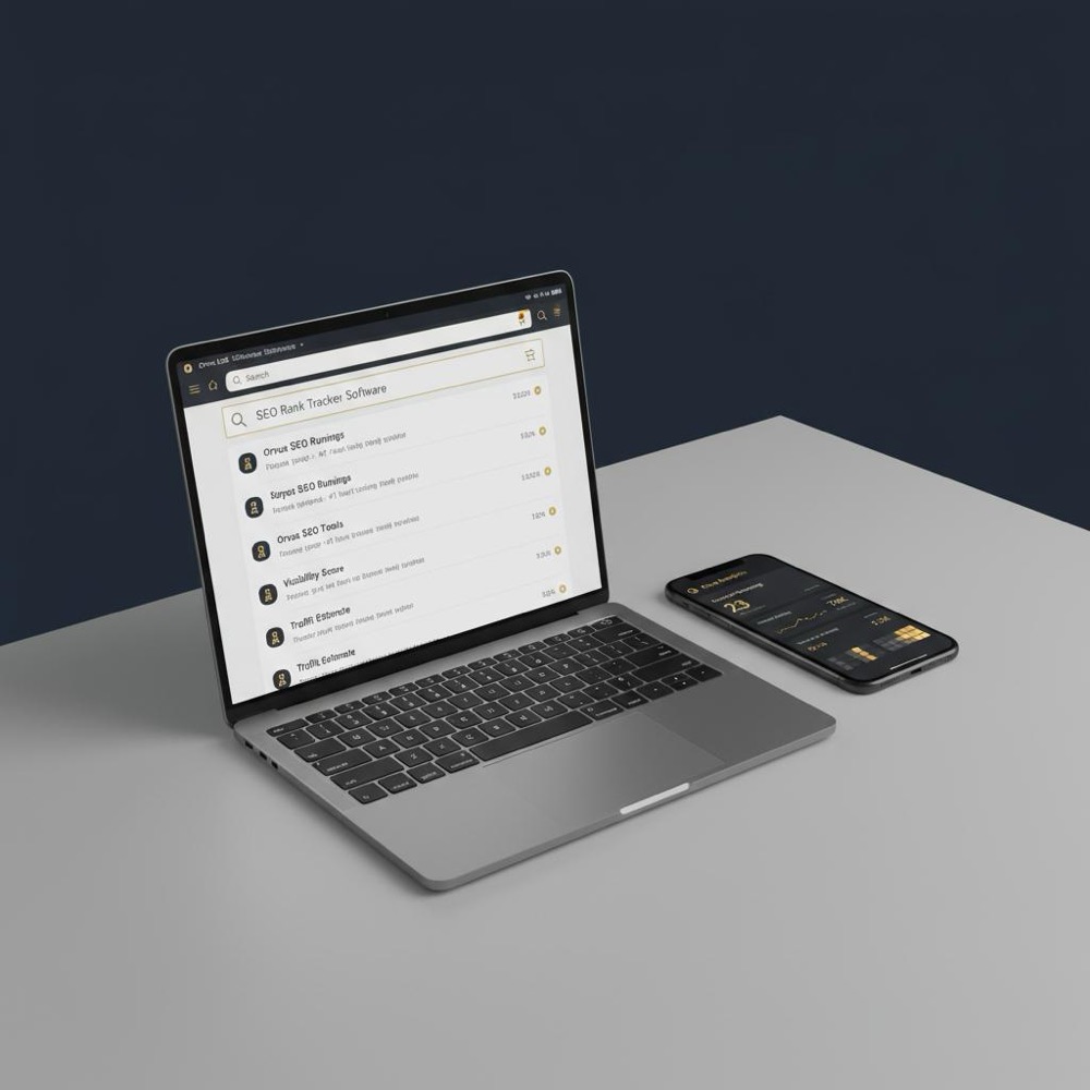 Laptop and smartphone on a deep navy desk showing a rank tracker dashboard with search results, ranking positions and heatmaps, minimalist layout with subtle gold accents.
