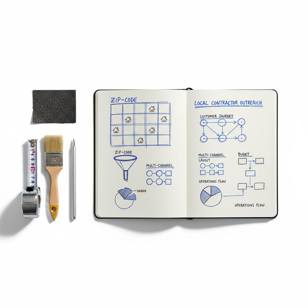 Top-down workbench with contractor tools and a notepad showing hand-drawn local marketing sketches (ZIP code blocks and a small funnel), illustrating Nextdoor for contractors