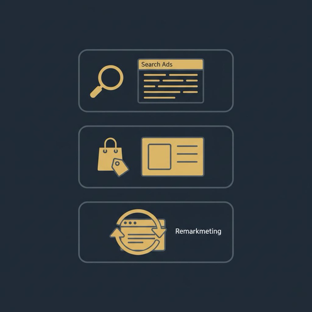 Minimal 2D vector infographic with three panels showing search ads, shopping ads, and remarketing, illustrating what is an example of SEM?