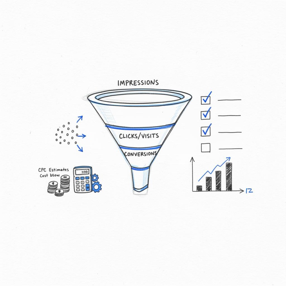 Notebook-style hand-drawn sketch of a marketing funnel, checklist, clicks and CPC visuals illustrating cost to advertise online in a minimalist Orvus palette