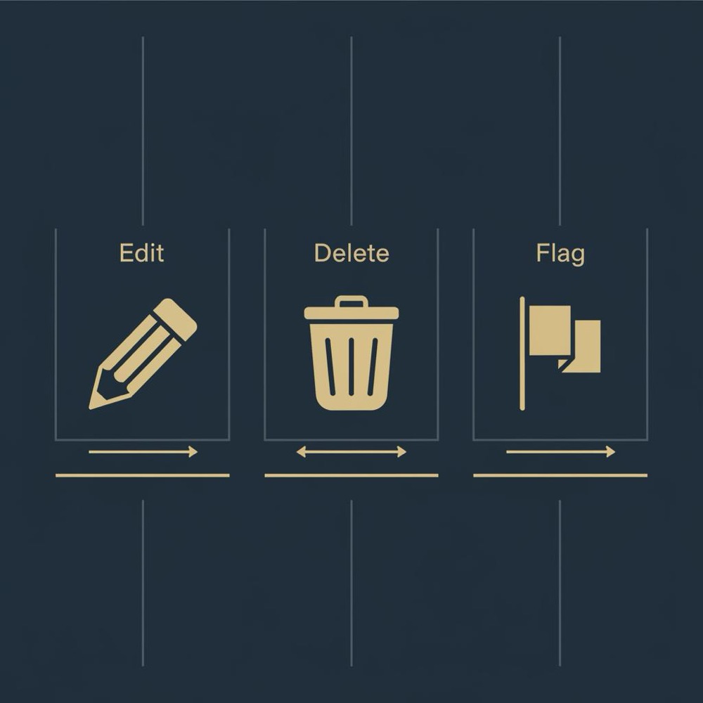 Minimal 2D vector infographic showing edit vs delete vs flag icons in Orvus brand colors on navy background, illustrating steps to delete my Google review