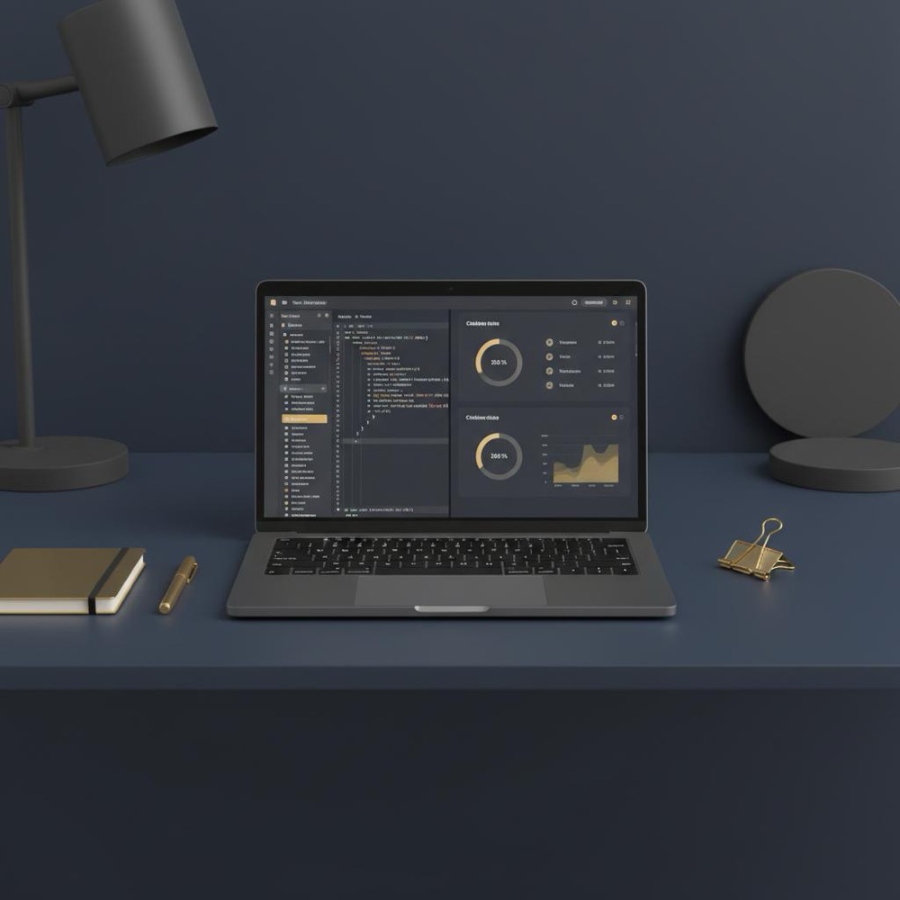 Minimalist workspace with laptop showing code and analytics on a dark navy desk with gold accents and charcoal elements, SEO PowerSuite focused scene.