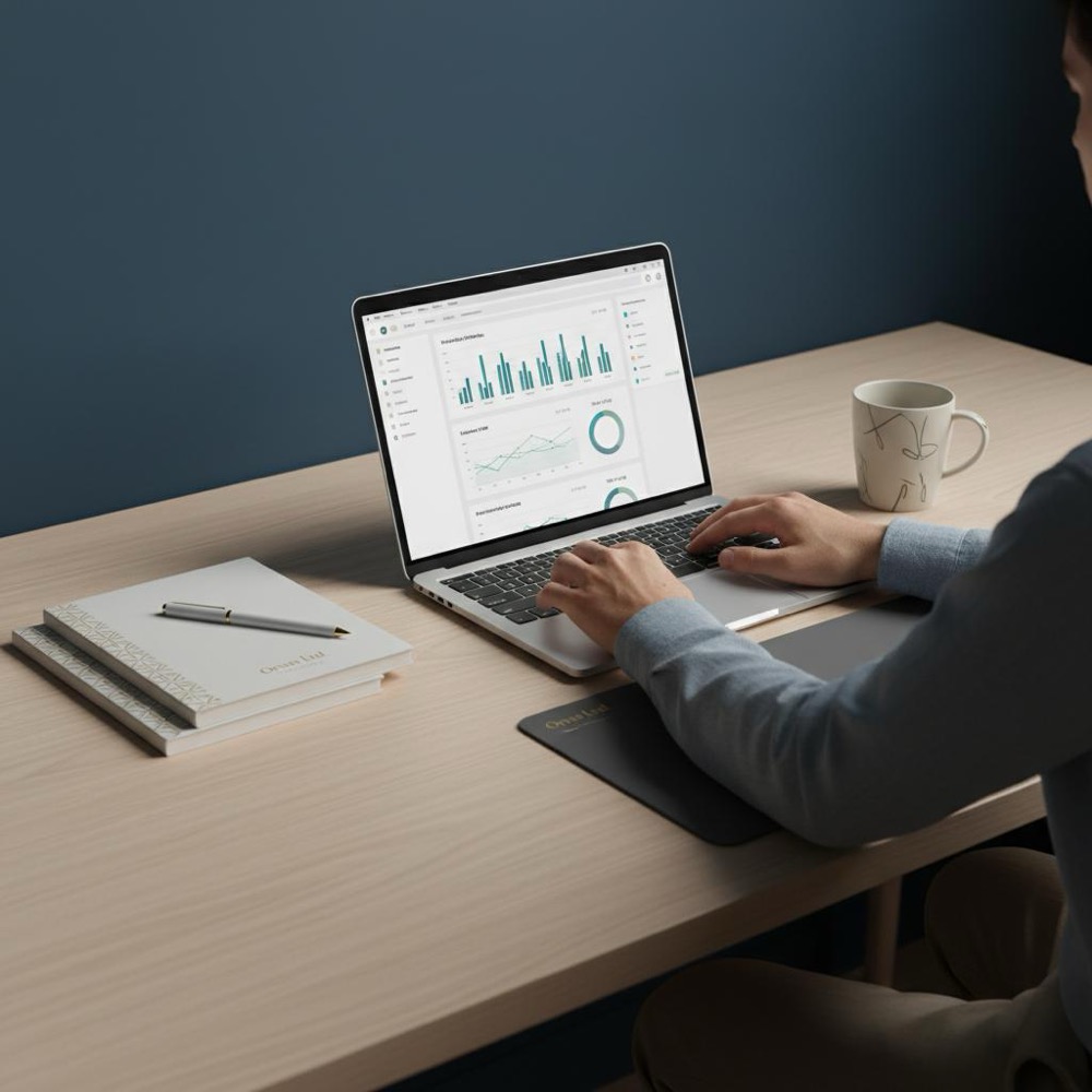 Content team at a tidy desk with laptop showing analytics dashboard, hands-only, no visible faces, subtle Orvus Ltd. brand accents in #C8A45D on stationery and background, navy #0B1E33 backdrop - 80 20 rule for blogging