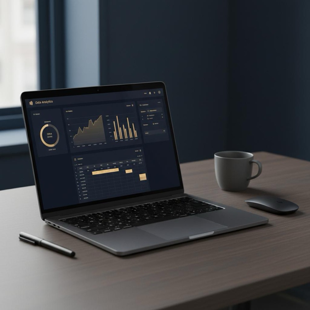 Minimalist workspace with laptop showing analytics dashboards and spreadsheets on deep navy background with subtle #C8A45D accents, professional seo pricing display