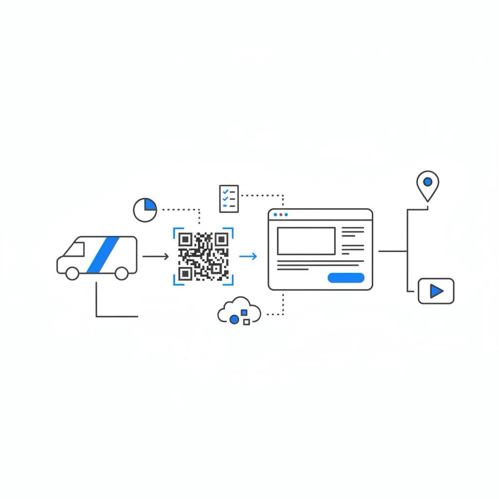 Minimal 2D vector marketing map with van, non-scannable QR-code to landing-page sketch, map pin and video play icons in Orvus colors - how to advertise painting services locally
