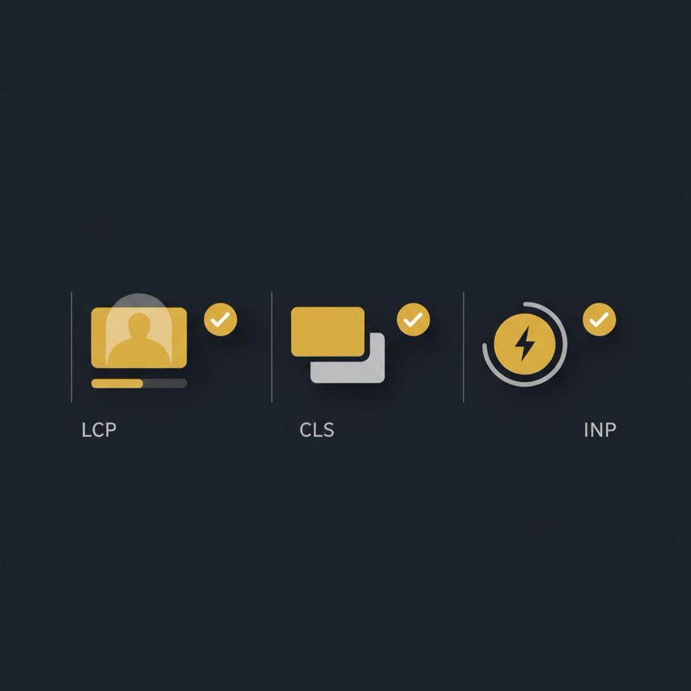 Minimal vector infographic of Core Web Vitals icons (LCP, CLS, INP) with checklist ticks on a dark brand background to help optimize my website for SEO.